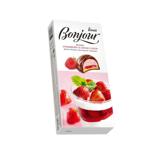 Desert glazurat cu biscuite si dulceata de capsuni Konti Bonjour, 232 g