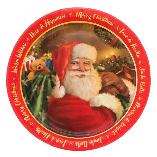 Farfurii din Carton de Craciun Colorate Mos Craciun "Merry Christmas" 23cm - 10buc