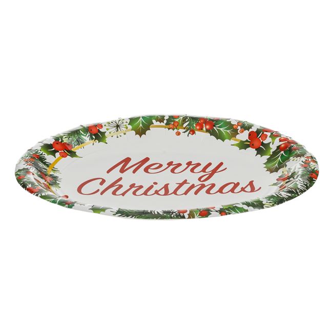 Platouri Mari de Petrecere de Craciun din Carton Alb Gri "Merry Christmas" 31,5x26cm - 6 buc