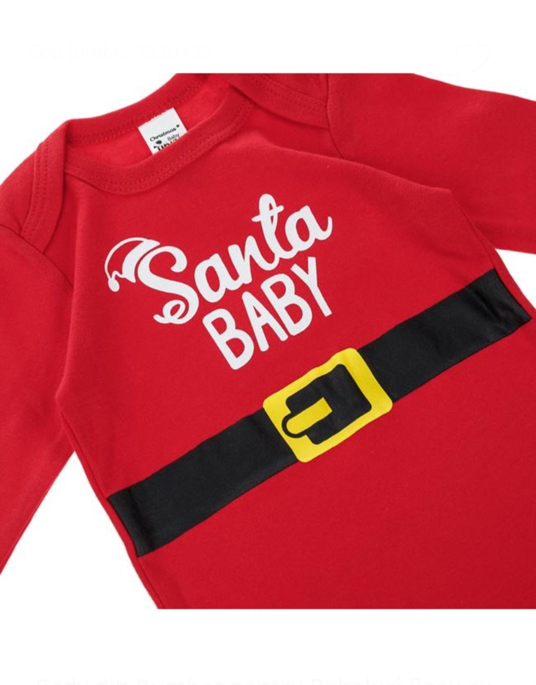 Body din Bumbac cu maneca lunga pentru Bebelusi,6-12 luni, Rosu cu Curea de Mos Craciun "Santa BABY"