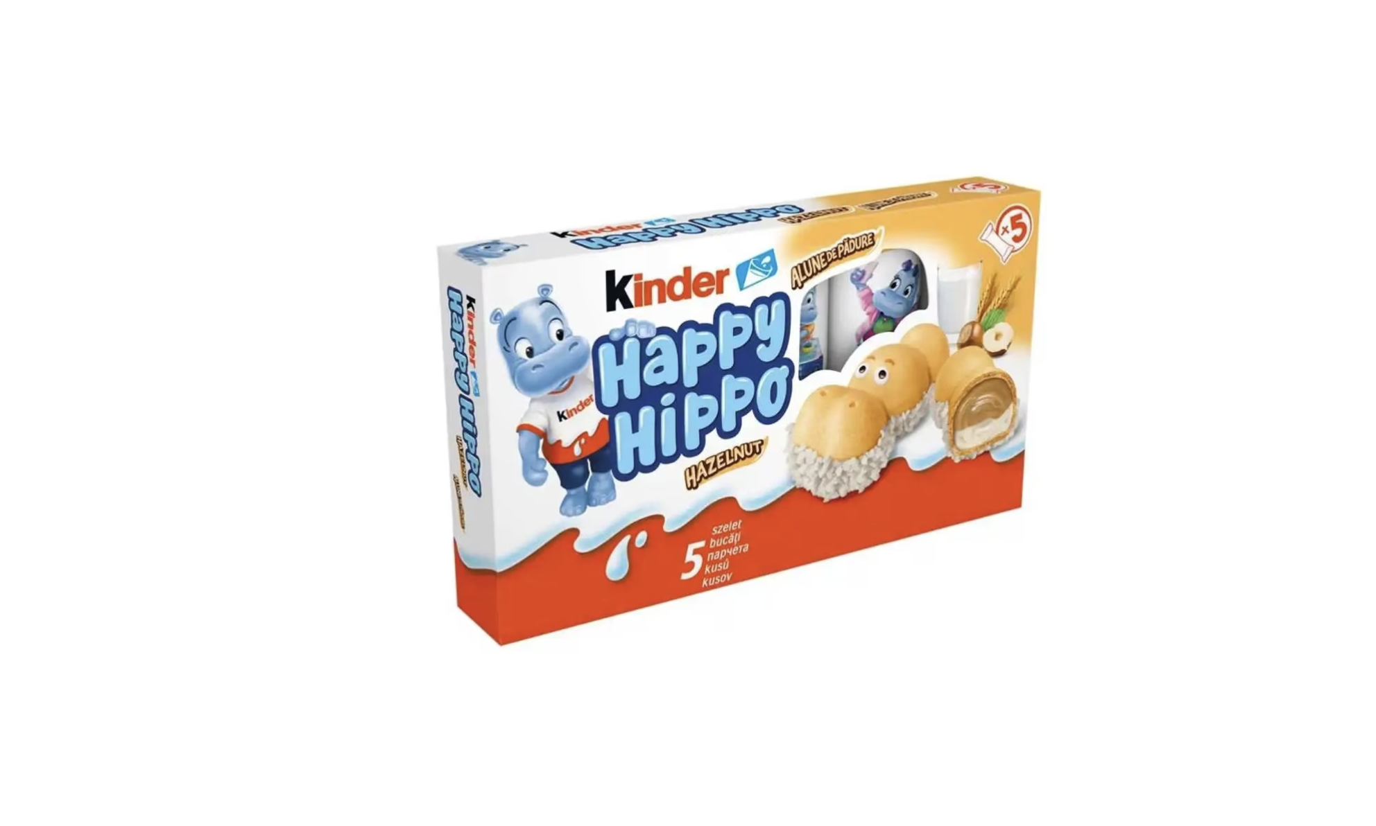 Napolitana crocanta cu umplutura de lapte si de alune de padure Kinder Happy Hippo 5x21gr