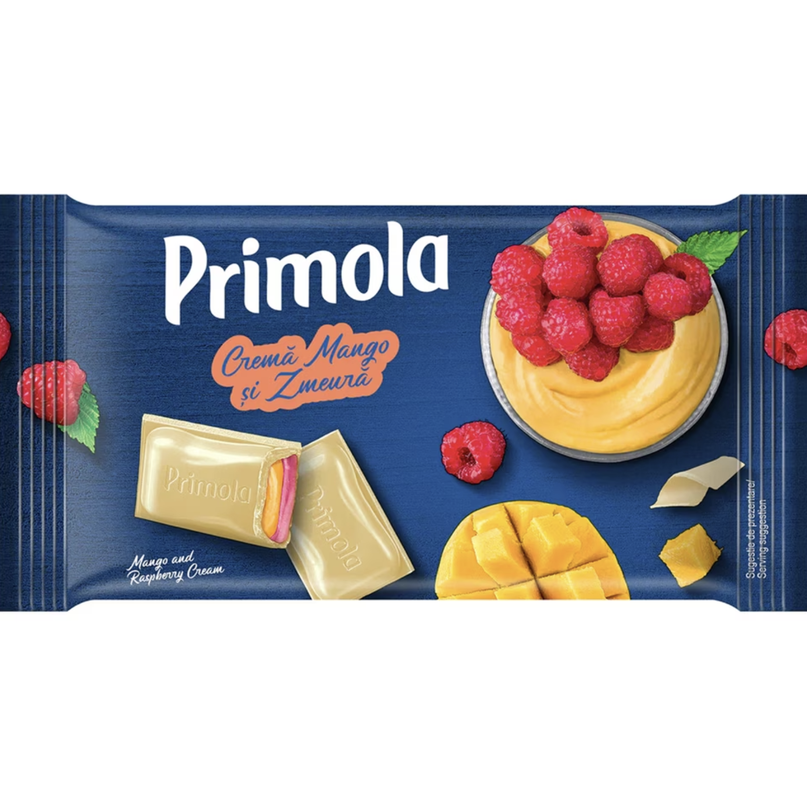 Primola | Ciocolata alba cu crema mango si zmeura 93g