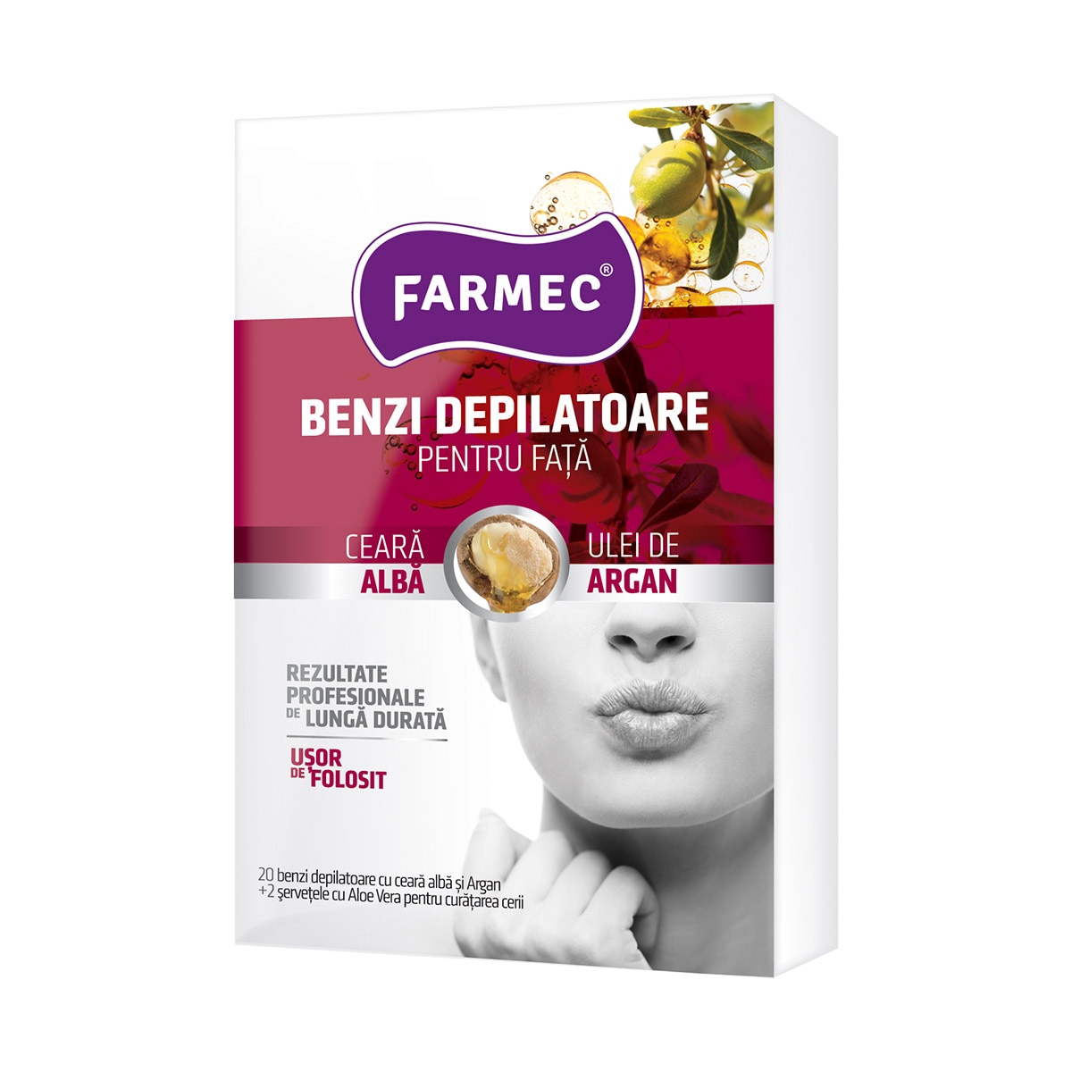 Benzi depilatoare Farmec pentru fata cu ceara alba si argan, 10x2 buc